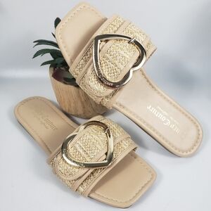 Juicy Couture Tan Raffia w/ Gold Heart - Slide Sandal Beach Coastal 8